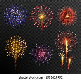 Firework. Set multy-colored new year bright firework explode isolated on transparent background. Holidey, victory, celebration symbol. Festival, anniversary or party decoration