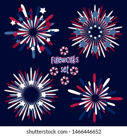 Firework set for national USA holidays such as Independence, Memorial, Labor, Veterans day and other traditional celebrations. Red, blue and white colors, stars and stripes like American flag