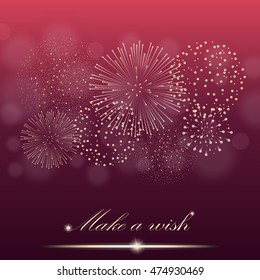 Firework show on ambient red blurred gradient background. "Make a wish" concept. Vector illustration