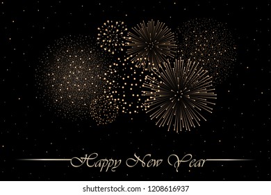 Firework show on black night sky background. New year concept. Congratulations or invitation card background. Vector illustration