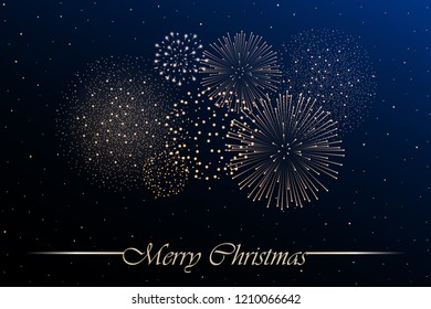 Firework show on blue night sky background. Christmas concept. Congratulations or invitation card background. Vector illustration