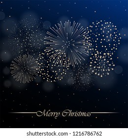 Firework show on blue night sky background with glow and sparkles. Christmas concept. Invitation, card, party background. Vector illustration