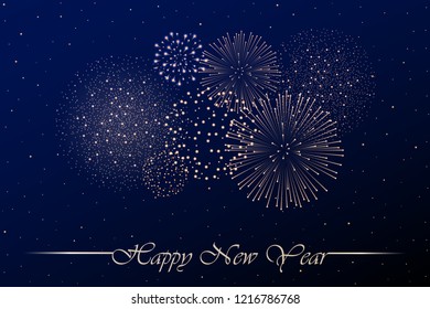 Firework show on blue night sky background. New year concept. Congratulations or invitation card background. Vector illustration