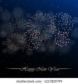 Firework show on blue night sky background with glow and sparkles. New year concept. Invitation, card, party background. Vector illustration