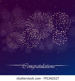 Firework show on blue and violet night sky background. Independence day concept. Congratulations background. Vector illustration