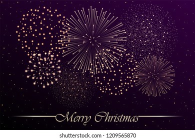 Firework show on dark night sky background. Christmas concept. Congratulations or invitation card background. Vector illustration