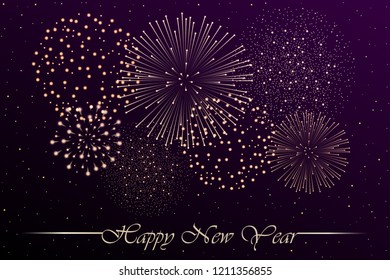 Firework show on dark night sky background. New year concept. Congratulations or invitation card background. Vector illustration