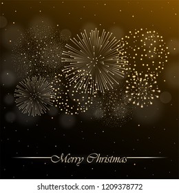 Firework show on golden night sky background with glow and sparkles. Christmas concept. Invitation, card, party background. Vector illustration