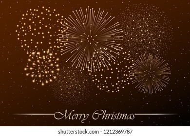 Firework show on golden night sky background. Christmas concept. Congratulations or invitation card background. Vector illustration