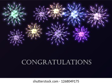 Firework show on night sky background.Vector illustration