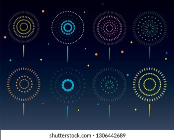 Firework show on night sky background. Independence day concept. Congratulations background. Vector illustration