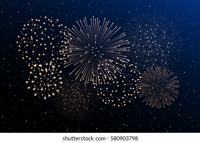 Firework show on night sky background. Independence day concept. Congratulations background. Vector illustration
