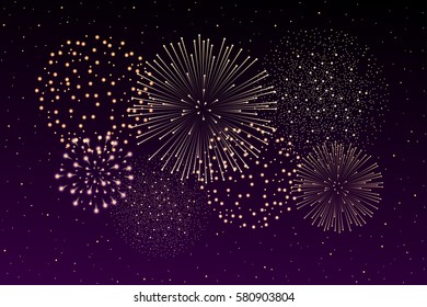 Firework show on night sky background. Independence day concept. Congratulations background. Vector illustration