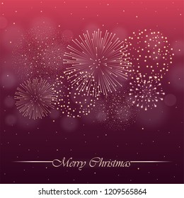 Firework show on pink night sky background with glow and sparkles. Christmas concept. Invitation, card, party background. Vector illustration