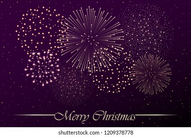 Firework show on purple night sky background. Christmas concept. Congratulations or invitation card background. Vector illustration