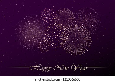 Firework show on purple night sky background. New year concept. Congratulations or invitation card background. Vector illustration