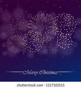 Firework show on purple night sky background with glow and sparkles. Christmas concept. Invitation, card, party background. Vector illustration