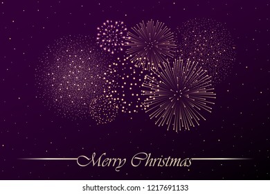 Firework show on purple night sky background. Christmas concept. Congratulations or invitation card background. Vector illustration