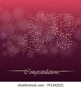 Firework show on red night sky background. Independence day concept. Congratulations background. Vector illustration