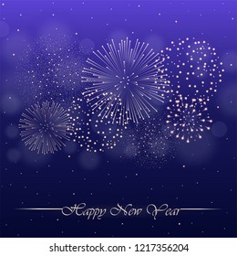 Firework show on violet night sky background with glow and sparkles. New year concept. Invitation, card, party background. Vector illustration