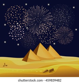 Firework show over Egyptian pyramids in the desert with star night sky. Vector illustration