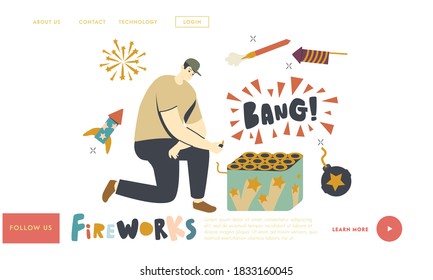 Firework Show, Safety and Danger Prevention Landing Page Template. Male Character Burn Wick from Fireworks for Christmas or New Year Holiday Celebration, Festive Recreation. Linear Vector Illustration