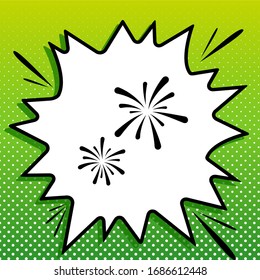 Firework sign. Black Icon on white popart Splash at green background with white spots. Illustration.