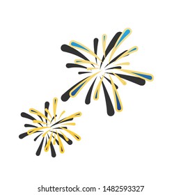 Firework sign. Blue icon with gold contour with dark gray shadow at white background. Illustration.