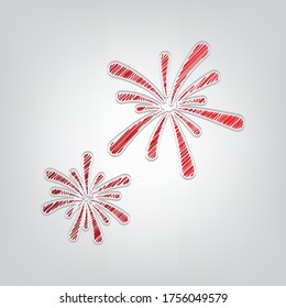 Firework sign. Red gradient scribble Icon with artistic contour gray String on light gray Background. Illustration.