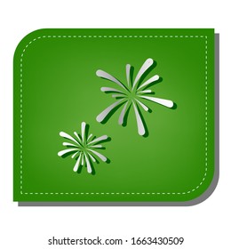 Firework sign. Silver gradient line icon with dark green shadow at ecological patched green leaf. Illustration.