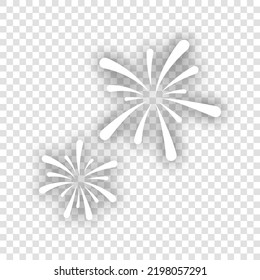 Firework sign. White Icon with dropped natural gray Shadow at transparent Background. Illustration.