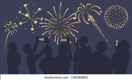 Firework with the silhouette of the crowd. People taking photo with mobile phone.Various type of sparkling firework shooting in the show. Vector illustration