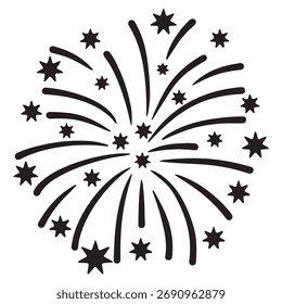"Firework Silhouette Icon - Stylized Black and White Starburst Illustration für Feiertagsgrafiken, Holiday Design und festliche Event Branding Projekte"