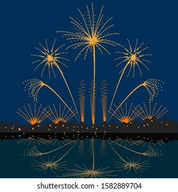 firework silhouette of firework show or festival by the water in the dark night sky, with reflection in the water. vector illustration of Hanabi