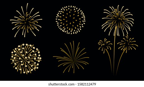 Firework silhouette in sparkling golden and black background. Set of 5 different type of fireworks.  