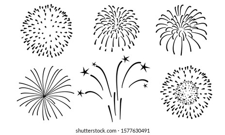 Firework silhouette vector, illustration, set of 6 type of firework flat design, Black line on white background for celebration event and festival 