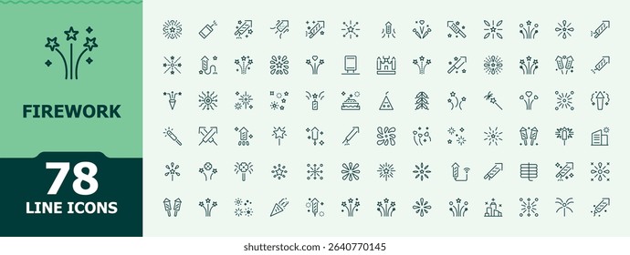 Firework simple icon set. Contains outline symbols like decor, light, holiday, anniversary, event and more. Celebrate icon set. Minimal icons pack. Editable vector art and illustration.