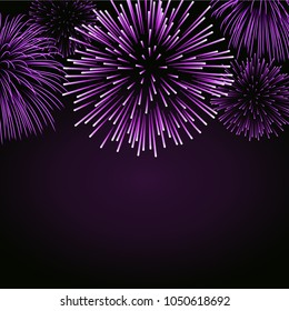 Firework sparkle background card. Beautiful bright fireworks isolated on black background. Light pink decoration fireworks for Christmas card, New Year celebration Vector illustration