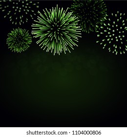 Firework sparkle background card. Beautiful bright fireworks isolated on black background. Light green decoration fireworks for Christmas card, New Year celebration Vector illustration