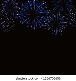 Firework sparkle background card. Beautiful bright fireworks isolated on black background. Light blue decoration fireworks for Christmas card, New Year celebration Vector illustration