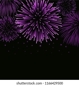 Firework sparkle background card. Beautiful bright fireworks isolated on black background. Light pink decoration fireworks for Christmas card, New Year celebration Vector illustration