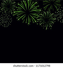 Firework sparkle background card. Beautiful bright fireworks isolated on black background. Light green decoration fireworks for Christmas card, New Year celebration Vector illustration