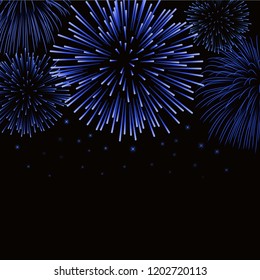 Firework sparkle background card. Beautiful bright fireworks isolated on black background. Light blue decoration fireworks for Christmas card, New Year celebration Vector illustration