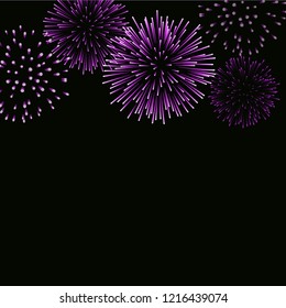Firework sparkle background card. Beautiful bright fireworks isolated on black background. Light pink decoration fireworks for Christmas card, New Year celebration Vector illustration