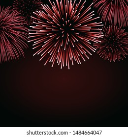 Firework sparkle background card. Beautiful bright fireworks isolated on black background. Light red decoration fireworks for Christmas card, New Year celebration Vector illustration