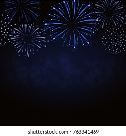 Firework sparkle background card. Beautiful bright fireworks isolated on black background. Light blue decoration fireworks for Christmas card, New Year celebration Vector illustration