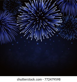 Firework sparkle background card. Beautiful bright fireworks isolated on black background. Light blue decoration fireworks for Christmas card, New Year celebration Vector illustration