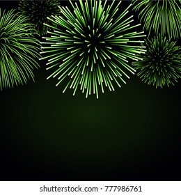 Firework sparkle background card. Beautiful bright fireworks isolated on black background. Light green decoration fireworks for Christmas card, New Year celebration Vector illustration