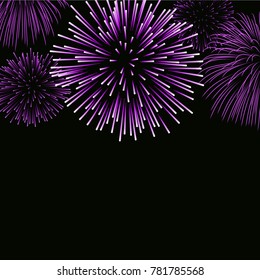 Firework sparkle background card. Beautiful bright fireworks isolated on black background. Light pink decoration fireworks for Christmas card, New Year celebration Vector illustration