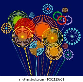 Firework sparkle, geometric pattern, abstract background card.  Vector illustration, clip art, drawing of decoration fireworks for New Year card.